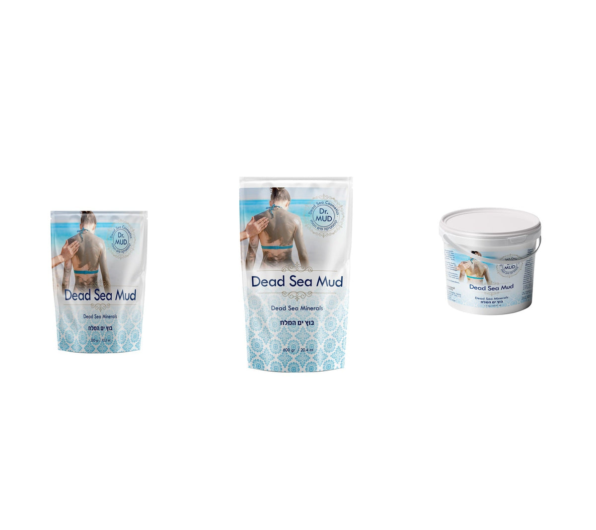 Authentic Dr. MUD Original Dead Sea Mud in 300 g, 600 g, and 1500 g packaging