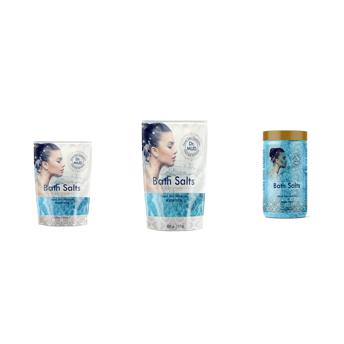 Dr. MUD Dead Sea Bath Salts Blue Lavender authentic packaging in 300 g, 500 g, and 1200 g
