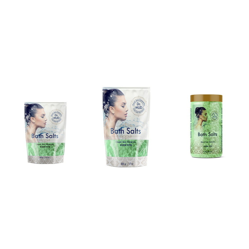 Dr. MUD Dead Sea Bath Salts Green Apple authentic packaging in 300 g, 500 g, and 1200 g