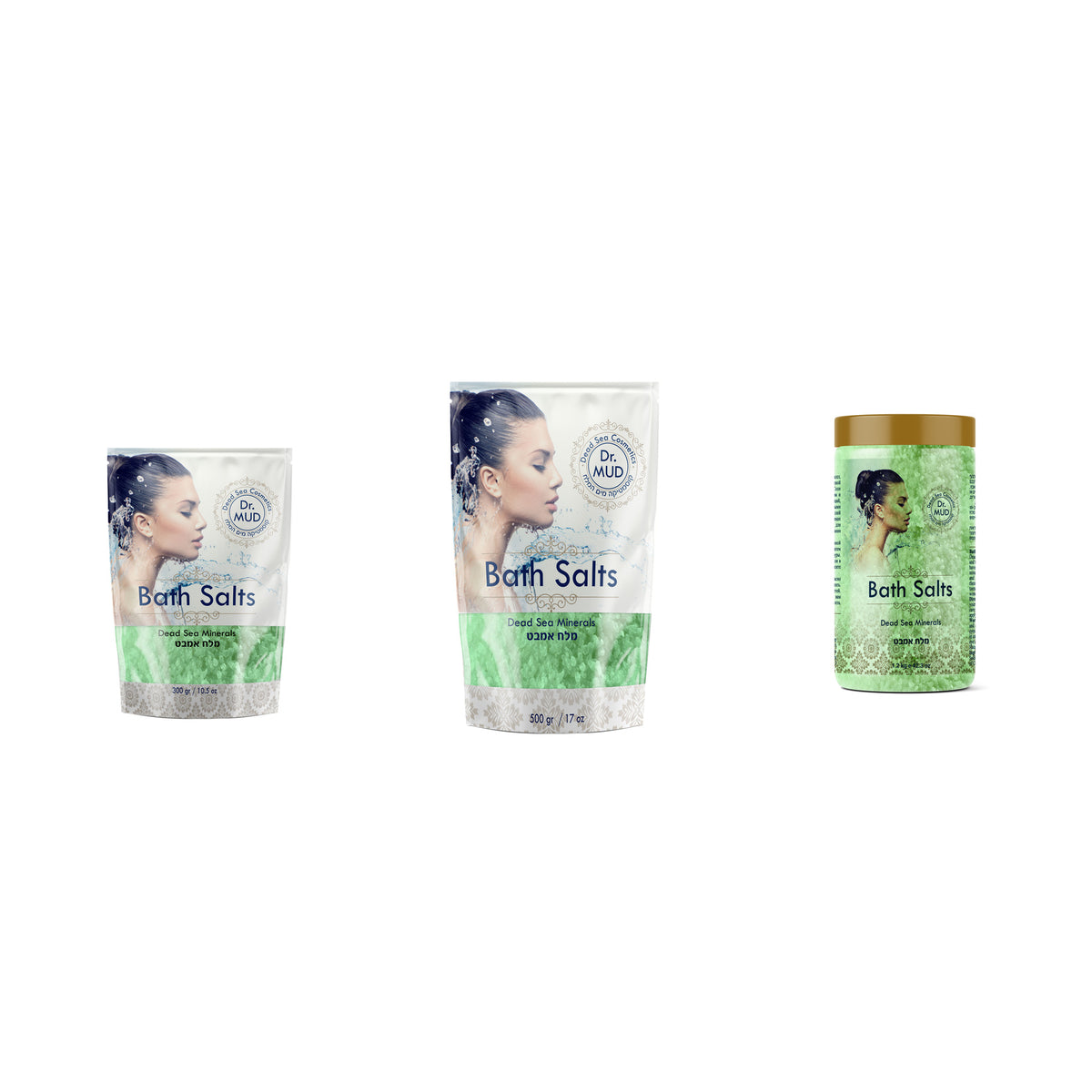 Dr. MUD Dead Sea Bath Salts Green Apple authentic packaging in 300 g, 500 g, and 1200 g