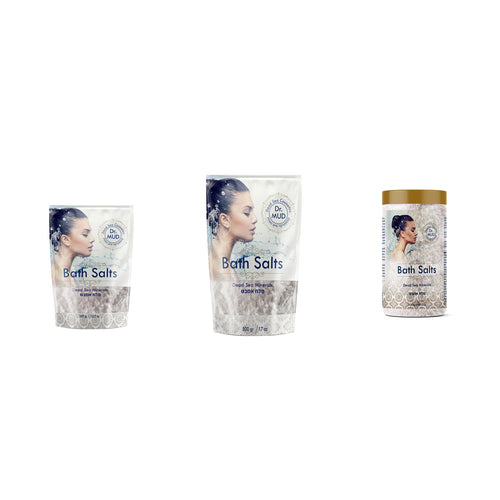 Dr. MUD Dead Sea Bath Salts Natural authentic packaging in 300 g, 500 g, and 1200 g
