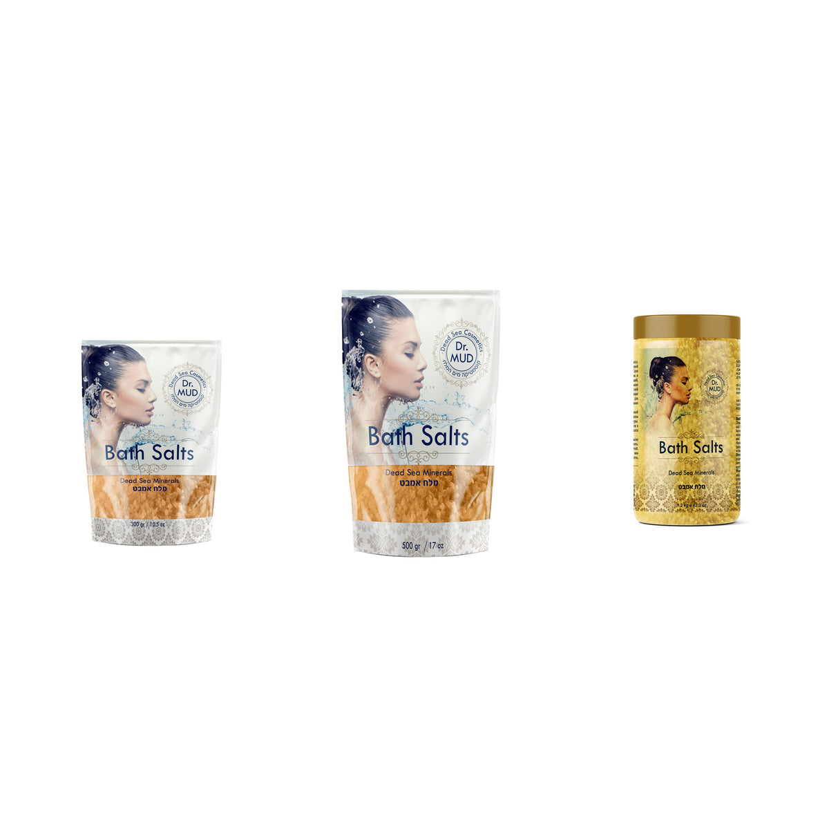 Dr. MUD Dead Sea Bath Salts Orange Jasmine authentic packaging in 300 g, 500 g, and 1200 g
