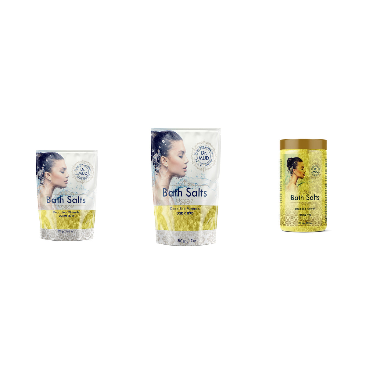 Dr. MUD Dead Sea Bath Salts Vanilla authentic packaging in 300 g, 500 g, and 1200 g