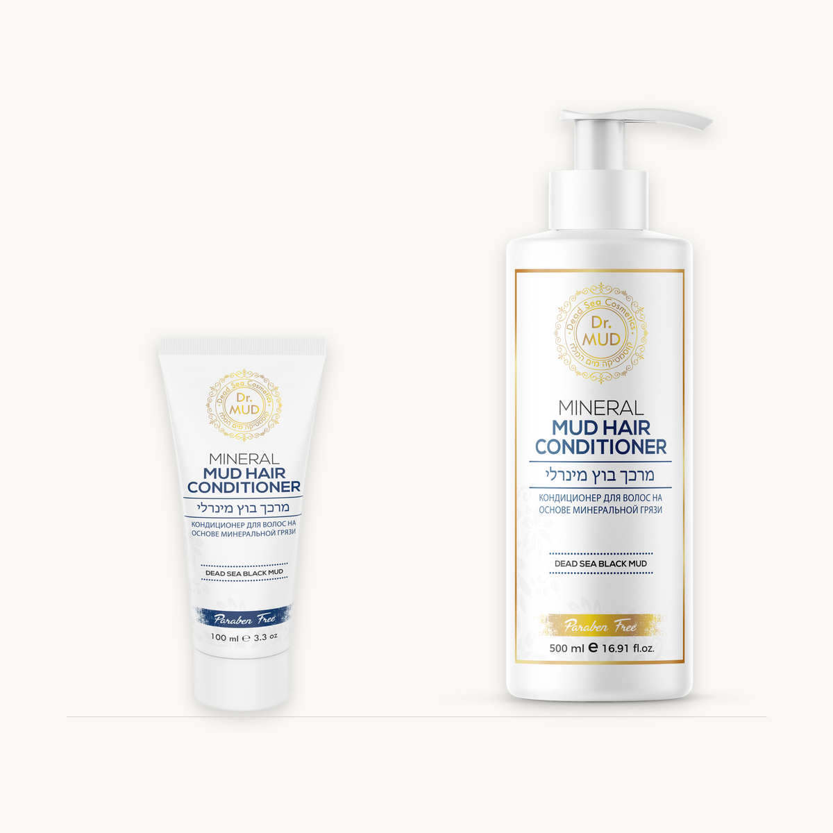 Dr. MUD Mineral Mud Hair Conditioner authentic 100 ml tube and 500 ml bottle shown in proportional scale