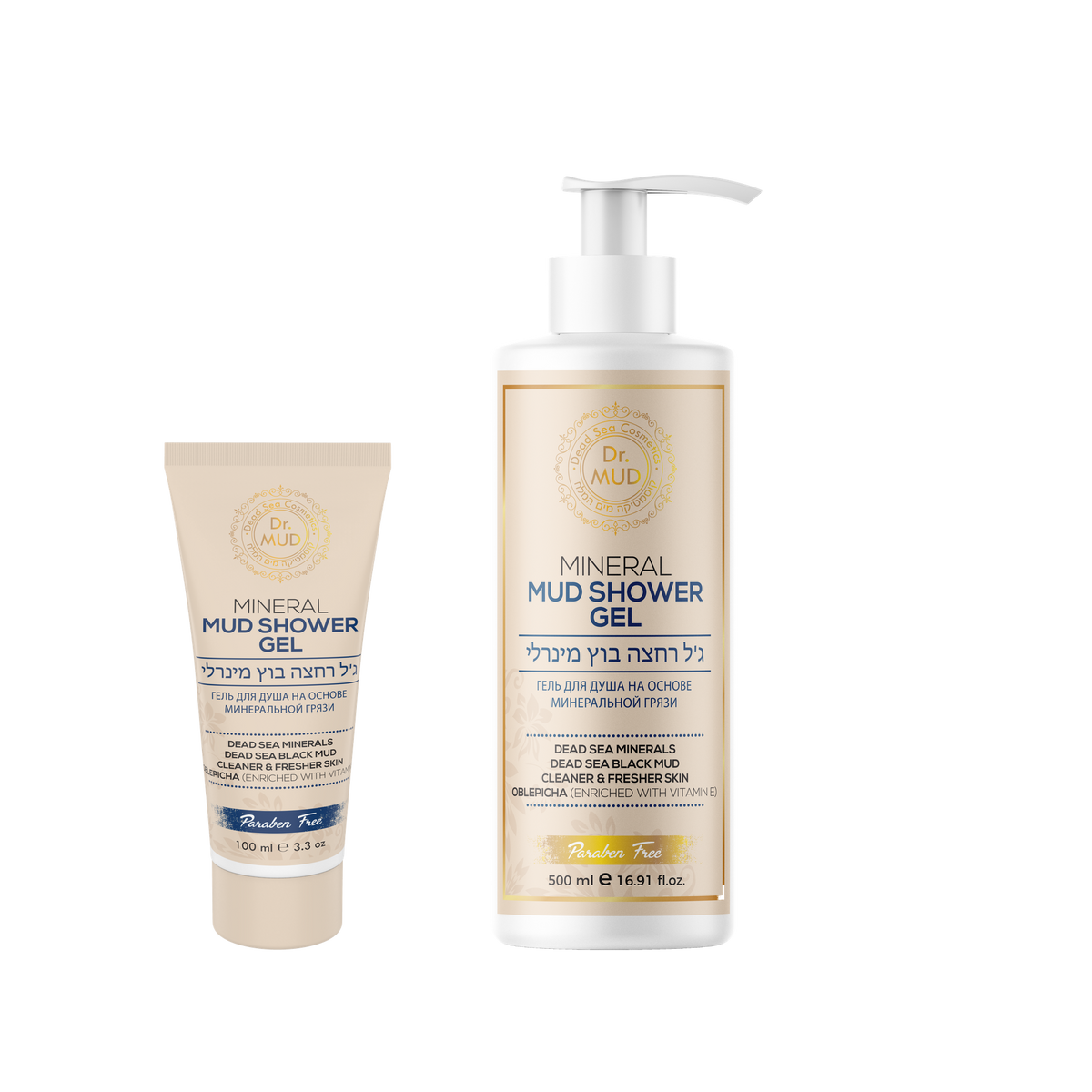 Dr. MUD Mineral Mud Shower Gel authentic 100 ml tube and 500 ml bottle shown in proportional scale